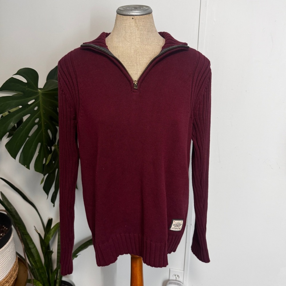 Guess Quarter Zip Sweater Mens Medium Burgundy Ribbed Knit Mock Neck Pullover